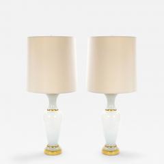 20th Century Hollywood Regency Opaline Glass and Gold Banded Table Lamps Pair - 4796378