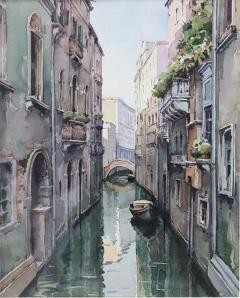 20th Century Italian Artist Watercolor Painting on Paper Venetian Landscape - 2410965