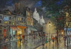 20th Century Oil Painting A Rainy Night in Montmartre Oil On Canvas Signed - 3848523