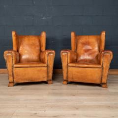 20th Century Pair Of Dutch Sheepskin Leather Wingback Chairs - 2983115