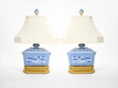 20th Century White Blue Porcelain Gilt Gold Painted Wood Base Small Table Lamp - 4085996
