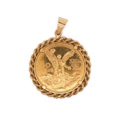 22K Gold 50 Peso Mexican Coin and 18K Gold Rope Frame Pendant - 3843223