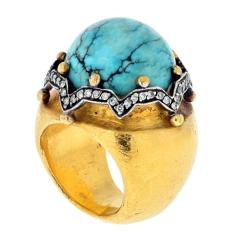 23K YELLOW GOLD DOME TURQUOISE AND DIAMOND COCKTAIL RING - 3332901