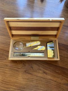 24K Gold Plated Five Piece Desk Set in Wood Presentation Box 1970s Italy - 4687693