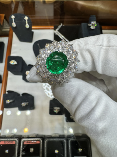 3 19 Carat Oval Cut Emerald Minor Oil Diamond Cluster Platinum Vintage Ring - 3643359