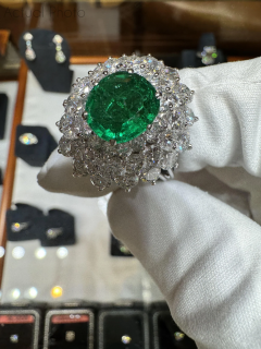 3 19 Carat Oval Cut Emerald Minor Oil Diamond Cluster Platinum Vintage Ring - 3643362