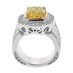 3 20CT FANCY YELLOW INTENSE CUSHION CUT DIAMOND ENGAGEMET RING - 3356949