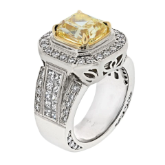 3 20CT FANCY YELLOW INTENSE CUSHION CUT DIAMOND ENGAGEMET RING - 3356967