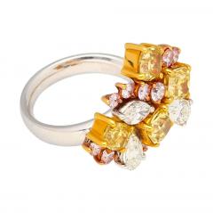 3 Carat Pink Yellow White Multi Cut Diamond Cluster Platinum And 18K Gold Ring - 3661345