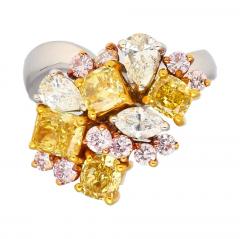 3 Carat Pink Yellow White Multi Cut Diamond Cluster Platinum And 18K Gold Ring - 3661357