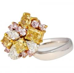 3 Carat Pink Yellow White Multi Cut Diamond Cluster Platinum And 18K Gold Ring - 3661410