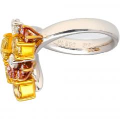 3 Carat Pink Yellow White Multi Cut Diamond Cluster Platinum And 18K Gold Ring - 3661424