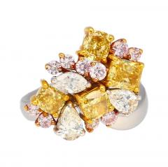 3 Carat Pink Yellow White Multi Cut Diamond Cluster Platinum And 18K Gold Ring - 3661433