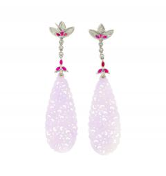 33 Carat Carved Lavender Jadeite Jade Drop Earrings With Rubies Diamonds - 3737084