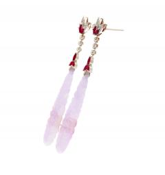 33 Carat Carved Lavender Jadeite Jade Drop Earrings With Rubies Diamonds - 3737095