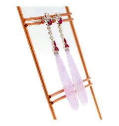 33 Carat Carved Lavender Jadeite Jade Drop Earrings With Rubies Diamonds - 3737099