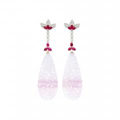 33 Carat Carved Lavender Jadeite Jade Drop Earrings With Rubies Diamonds - 3742678