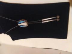 38 Leather Sterling Navajo Bolo Tie w turquoise Abalone Medallion - 3877793