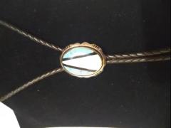 38 Leather Sterling Navajo Bolo Tie w turquoise Abalone Medallion - 3877797