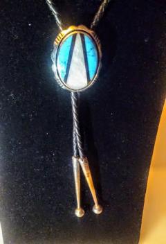 38 Leather Sterling Navajo Bolo Tie w turquoise Abalone Medallion - 3877803