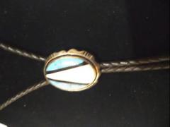 38 Leather Sterling Navajo Bolo Tie w turquoise Abalone Medallion - 3877812