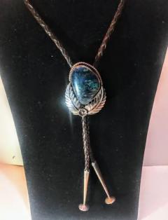 38 Leather and Sterling Silver Native American Bolo Tie w Blue Opal Medalli - 3877795