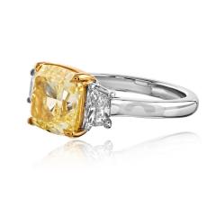 4 25ct Fancy Yellow Cushion Cut Three Stone Diamond Engagement Ring - 4549407