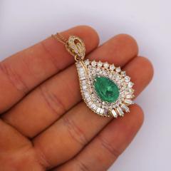 4 5 Carat Pear Cut Colombian Emerald Diamond 18K Pendant Necklace - 3981778