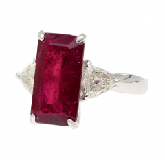 4 67 Carat Red Tourmaline and Trillion Diamond Three Stone Platinum Ring - 3746898