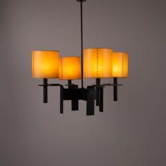 4 arm hanging light in black steel and original faux vellum shades - 4303897