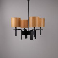 4 arm hanging light in black steel and original faux vellum shades - 4303898