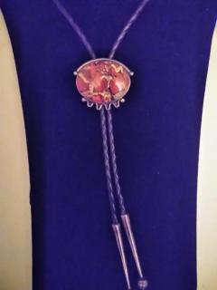 44 Leather Sterling Silver Bolo Tie w Marbled Agate Medallion - 3877808