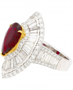 5 3 Carat Pear Cut Ruby Baguette Diamond Ballerina White Gold Ring - 3644483