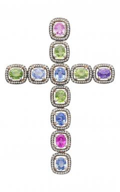 5 39 Carat Multicolored Natural Sapphire Diamond Cross Pendant - 3500015