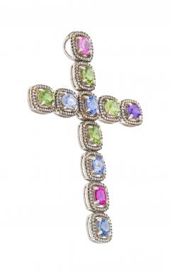 5 39 Carat Multicolored Natural Sapphire Diamond Cross Pendant - 3500019