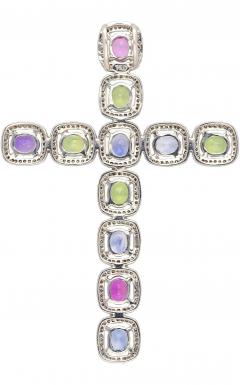 5 39 Carat Multicolored Natural Sapphire Diamond Cross Pendant - 3500022