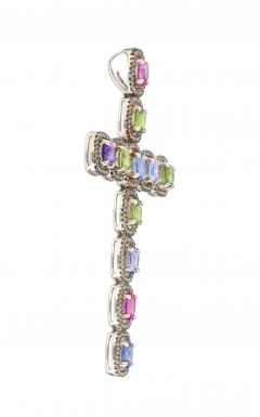 5 39 Carat Multicolored Natural Sapphire Diamond Cross Pendant - 3500023