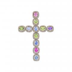 5 39 Carat Multicolored Natural Sapphire Diamond Cross Pendant - 3504373