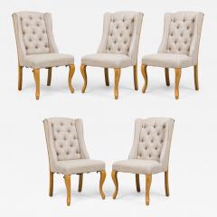 5 Mid Century American Button Tufted Gray Weave Upholstered Wing Dining Chairs - 4718015