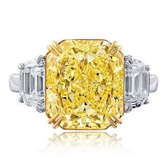 5 carat Radiant Cut Fancy Intense Yellow Three Stone Diamond Engagement Ring - 4400014