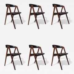 6 Danish A frame Walnut Dining Chairs in Original Black Vinyl - 3817560