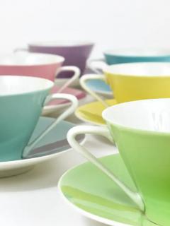 6 Midcentury Pastel Daisy Porcelain Coffee Cups Lilien Austria 1950s - 4064942