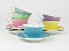 6 Midcentury Pastel Daisy Porcelain Coffee Cups Lilien Austria 1950s - 4064979