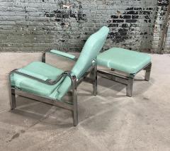 70s Teal Leather and Chrome Lounge Chair and Ottoman - 3637637
