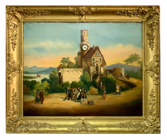 A 19TH CENTURY BELGIAN OIL ON CANVAS PICTURE CLOCK - 3565911