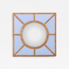 A Bold Geometric Blue Glass and Gold Resin Convex Wall Mirror - 4727992