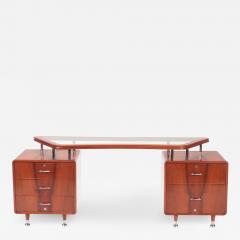 A Double pedestal glass and wood Desk with chrome mounts C 1960  - 2536955