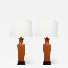 A Good Pair of Chinese 1960s Red Orange Glazed Lamps w Gilt Decoration - 1929652