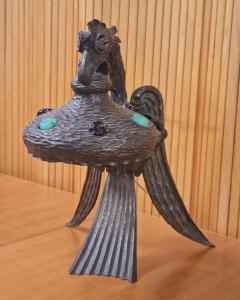 A Handmade Art Nouveau Eagle Table Lamp Patinated Bronze Glass Stones 1930s - 3977175