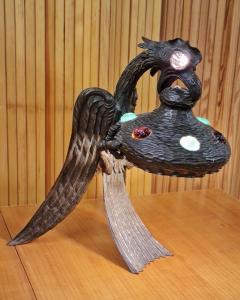 A Handmade Art Nouveau Eagle Table Lamp Patinated Bronze Glass Stones 1930s - 3977176